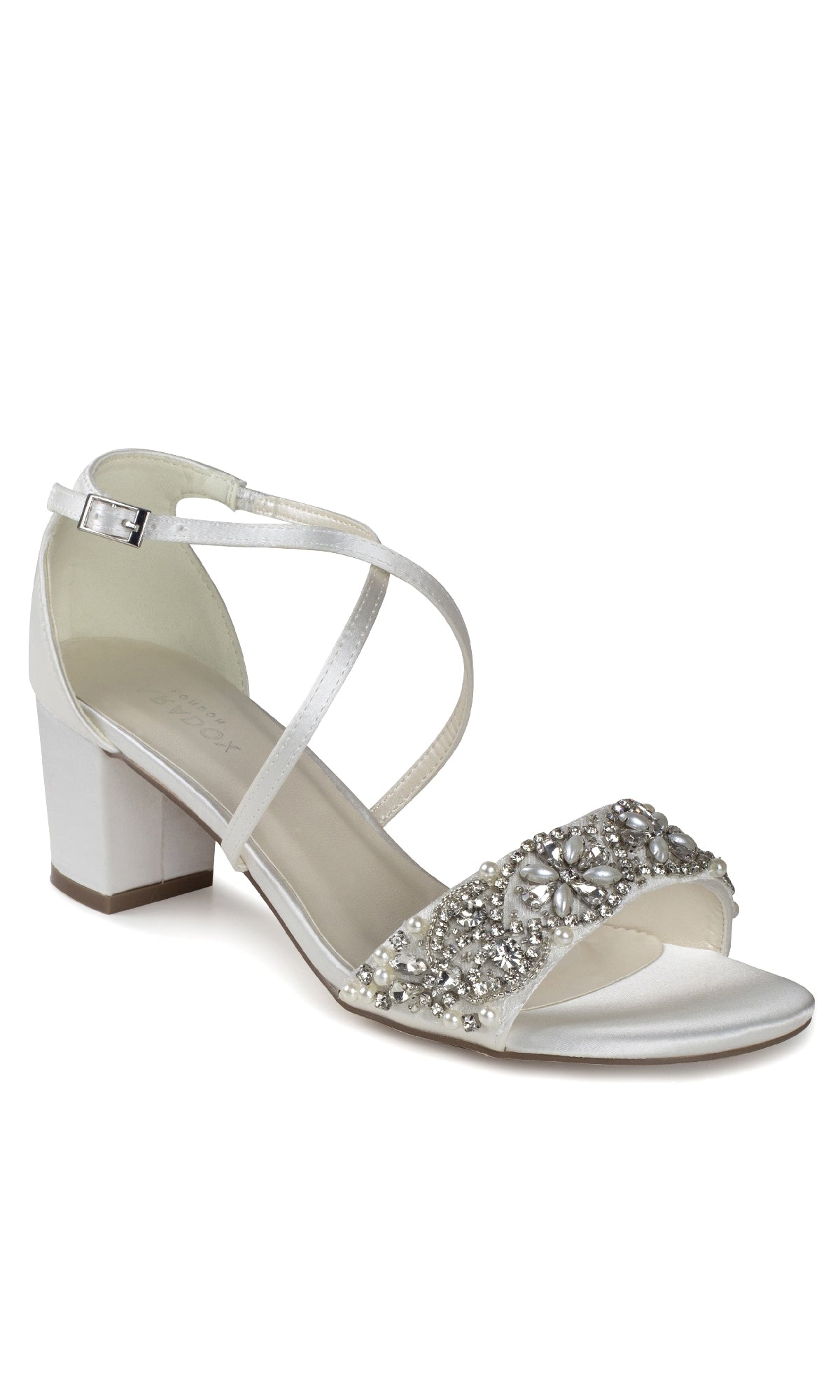The Evangeline Ivory Satin Prom Shoes by Paradox London (P2200) feature low block heels, ankle straps, and silver bead and crystal embellishments—an elegant choice for jeweled formal footwear.